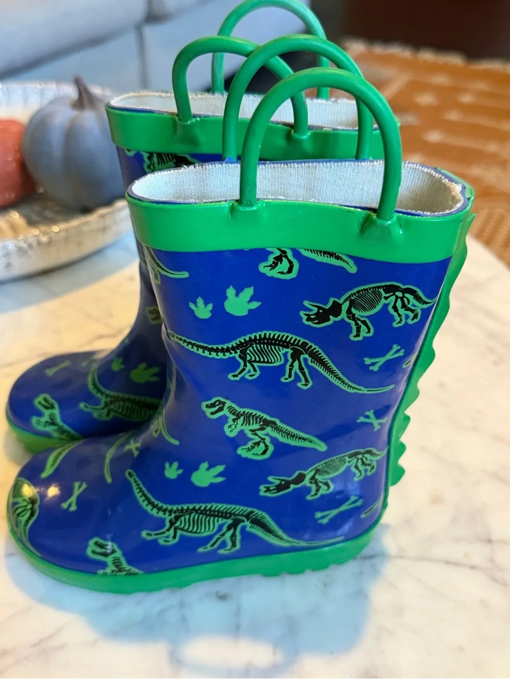 Kids Blue & Green Dinosaur Skeleton Pull On Rain Boots 7T